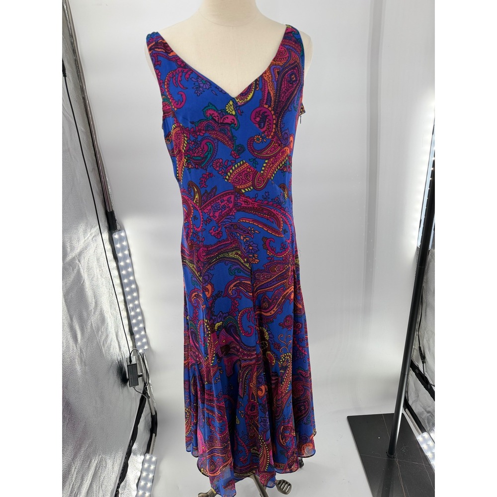 jones new york womens 8 paisley midi dress royal blue pink v-neck sleeveless